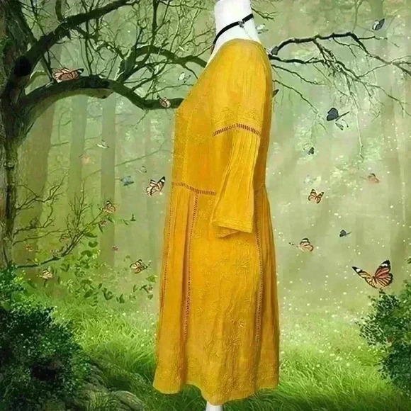 Anthropologie Akemi + Kin Mustard Yellow/Gold Embroidered Dress Size XS - Picture 7 of 10